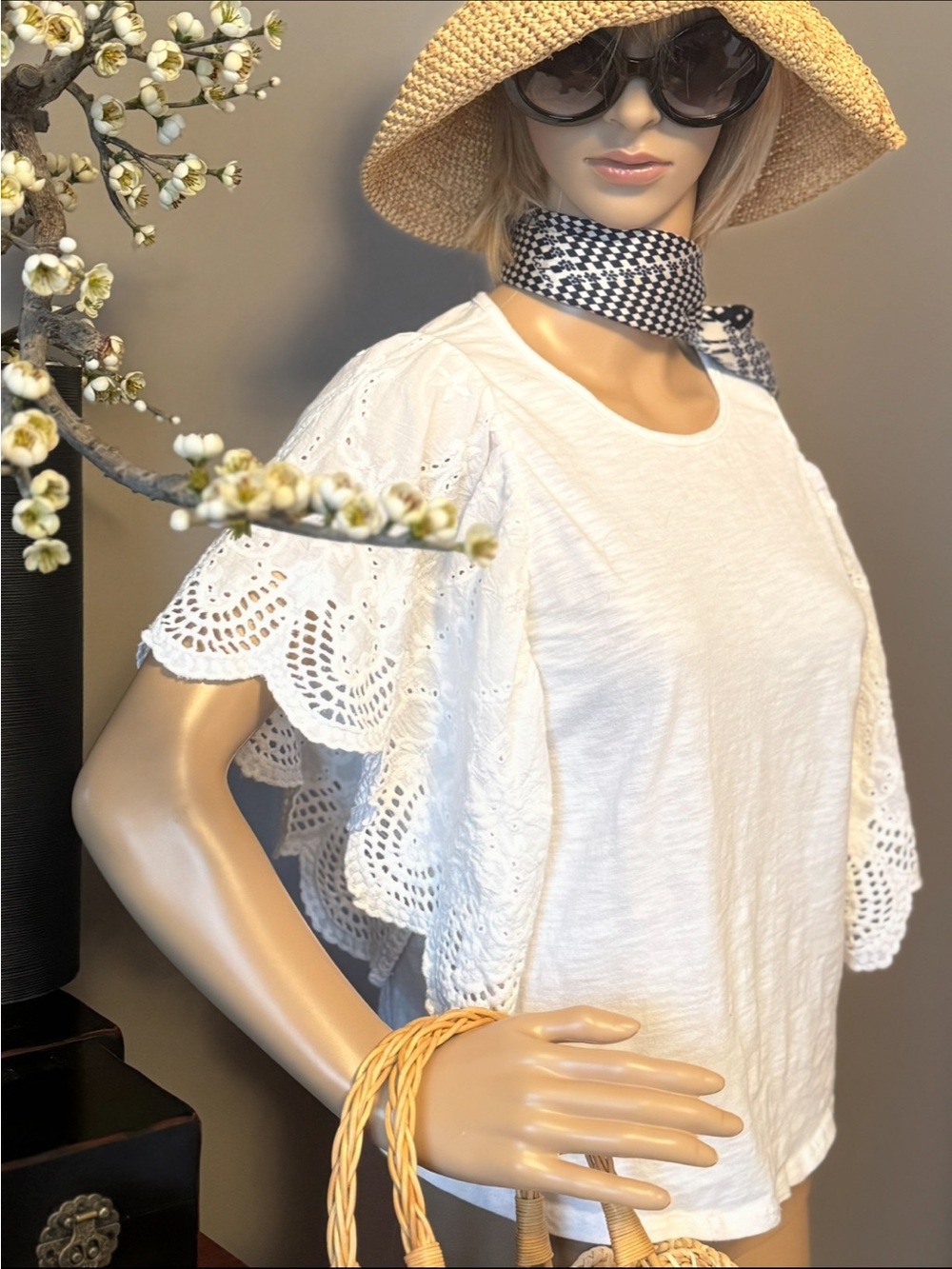 Buffalo David Bitton White Eyelet Flutter Sleeve Top